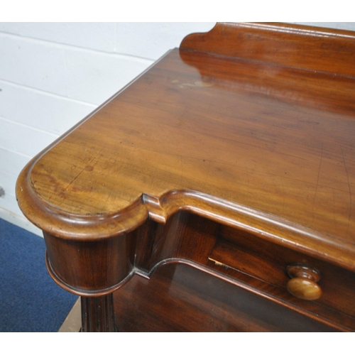 155 - A 19TH CENTURY MAHOGANY SIDE TABLE, with a raised back, rounded front corners, two frieze drawers, r... 