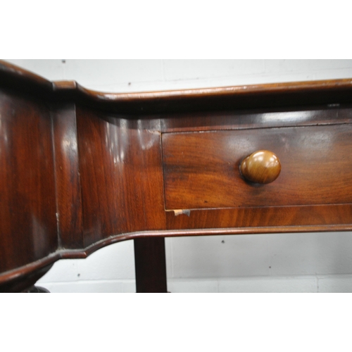 155 - A 19TH CENTURY MAHOGANY SIDE TABLE, with a raised back, rounded front corners, two frieze drawers, r... 