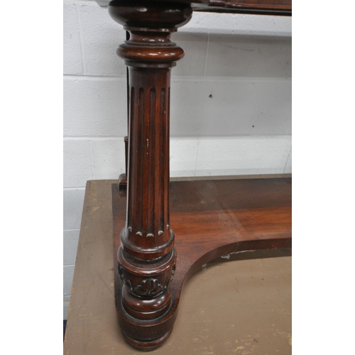 155 - A 19TH CENTURY MAHOGANY SIDE TABLE, with a raised back, rounded front corners, two frieze drawers, r... 