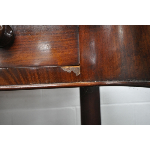 155 - A 19TH CENTURY MAHOGANY SIDE TABLE, with a raised back, rounded front corners, two frieze drawers, r... 