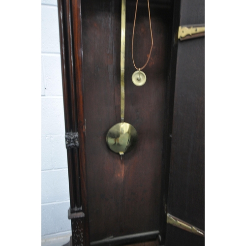 156 - A GEORGIAN MAHOGANY LONGCASE CLOCK, the arched hood with three brass finials, the arched glass door ... 