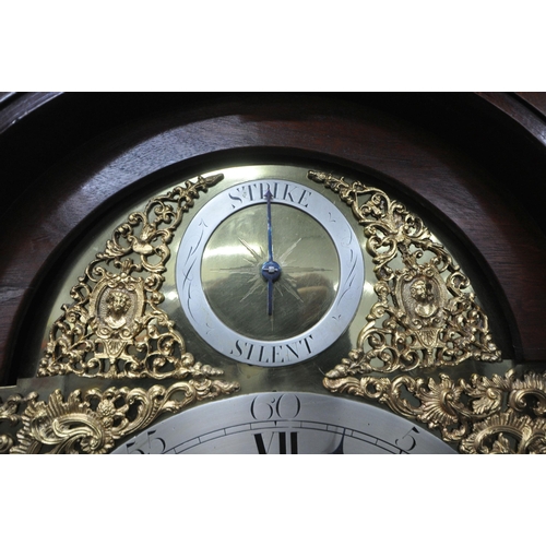 156 - A GEORGIAN MAHOGANY LONGCASE CLOCK, the arched hood with three brass finials, the arched glass door ... 