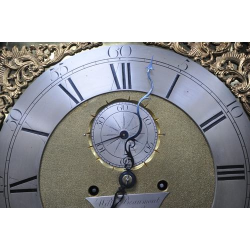 156 - A GEORGIAN MAHOGANY LONGCASE CLOCK, the arched hood with three brass finials, the arched glass door ... 