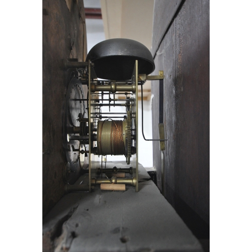 156 - A GEORGIAN MAHOGANY LONGCASE CLOCK, the arched hood with three brass finials, the arched glass door ... 