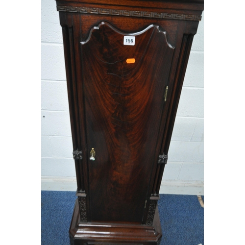 156 - A GEORGIAN MAHOGANY LONGCASE CLOCK, the arched hood with three brass finials, the arched glass door ... 