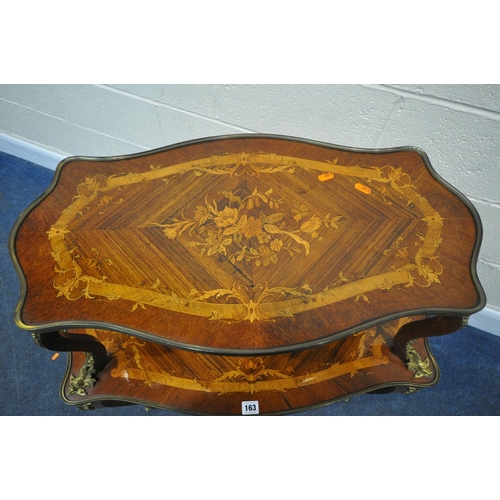 163 - A LOUIS XV STYLE FRENCH MARQUETRY TWO TIER ETAGERE, with brass handles, mounts and edges, raised on ... 