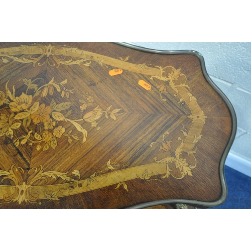 163 - A LOUIS XV STYLE FRENCH MARQUETRY TWO TIER ETAGERE, with brass handles, mounts and edges, raised on ... 