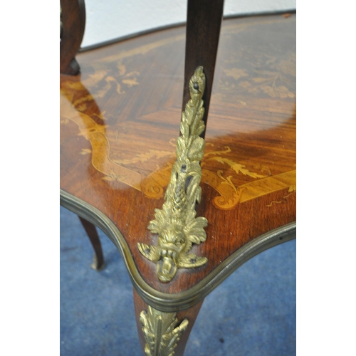 163 - A LOUIS XV STYLE FRENCH MARQUETRY TWO TIER ETAGERE, with brass handles, mounts and edges, raised on ... 