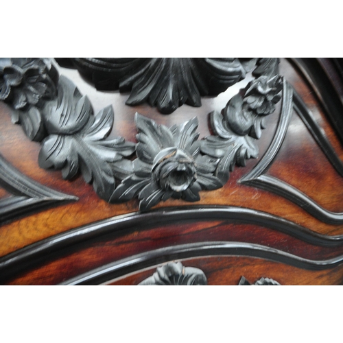 164 - AN EARLY 20TH CENTURY ROSEWOOD ARMOIRE, with a scrolled and foliate details to the crest and the top... 