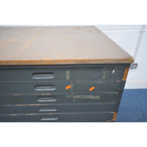 165 - A LATE 20TH CENTURY GREY PAINTED PLAN CHEST, fitted with ten long drawers, width 148cm x depth 90cm ... 