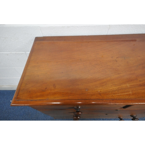 168 - A 19TH CENTURY MAHOGANY CHEST OF TWO SHORT OVER THREE LONG DRAWERS, raised on turned legs, width 107... 