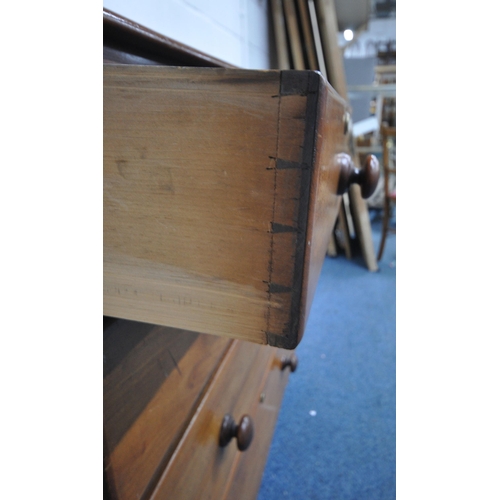 168 - A 19TH CENTURY MAHOGANY CHEST OF TWO SHORT OVER THREE LONG DRAWERS, raised on turned legs, width 107... 