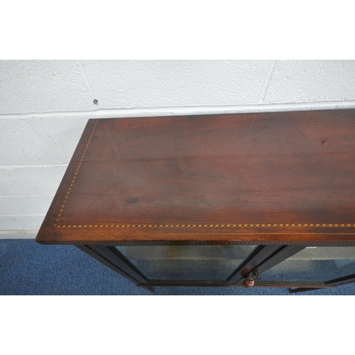 169 - AN EDWARDIAN MAHOGANY DISPLAY CABINET, with double doors, raised on square tapered legs, width 92cm ... 