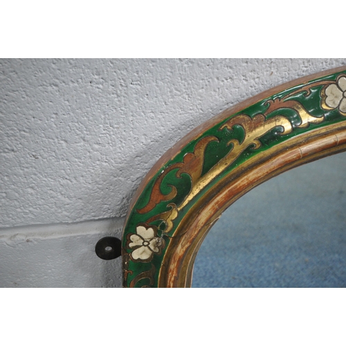 178 - A 19TH CENTURY GILT WOOD AND GLOSSY PAINTED OVERMANTEL MIRROR, the frame with a foliate and moulded ... 