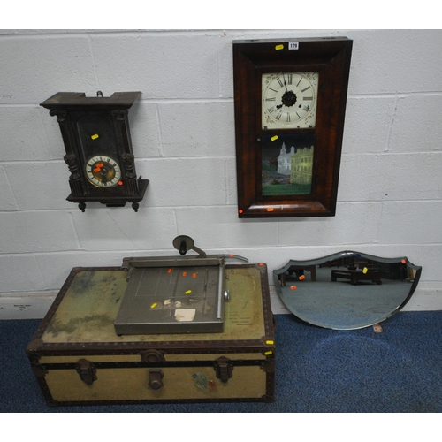 179 - A VINTAGE TRAVELLING TRUNK, width 91cm x depth 51cm x height 33cm, two wall clocks, a guillotine, an... 