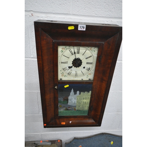 179 - A VINTAGE TRAVELLING TRUNK, width 91cm x depth 51cm x height 33cm, two wall clocks, a guillotine, an... 