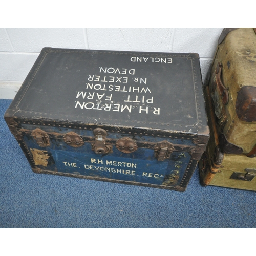 181 - A LARGE BLUE TRAVELLING TRUNK, width 83cm x depth 54cm x height 48cm, along with two wooden banded c... 