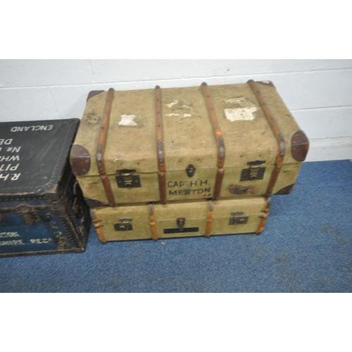 181 - A LARGE BLUE TRAVELLING TRUNK, width 83cm x depth 54cm x height 48cm, along with two wooden banded c... 