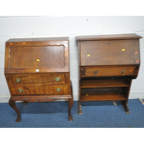 182 - A LATE 20TH CENTURY HARDWOOD BUREAU, the fall front door enclosing a fitted interior, above two draw... 