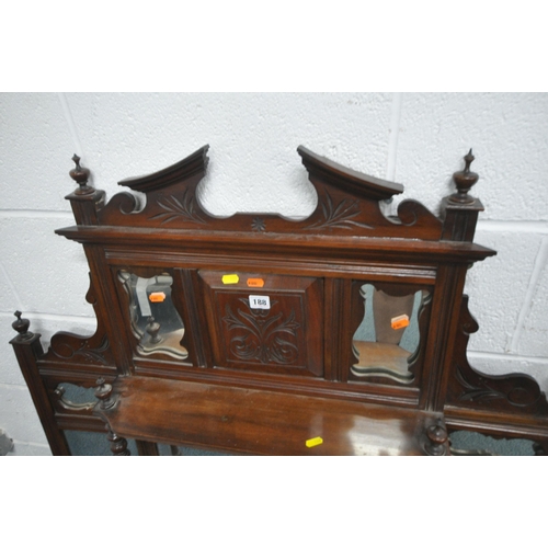 188 - TWO 20TH CENTURY MAHOGANY OVERMANTEL MIRRORS, both with finials, turned supports, bevelled mirror pl... 