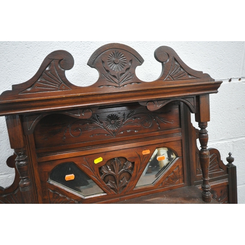 188 - TWO 20TH CENTURY MAHOGANY OVERMANTEL MIRRORS, both with finials, turned supports, bevelled mirror pl... 