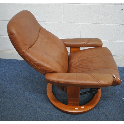 190 - AN EKORNES STRESSLESS BROWN LEATHERETTE RECLINING ARMCHAIR, width 72cm x depth 74cm x height 97cm, w... 