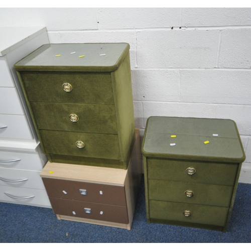 195 - A SELECTION OF BEDROOM FURNITURE, to include a pair of green upholstered three drawer bedside chests... 