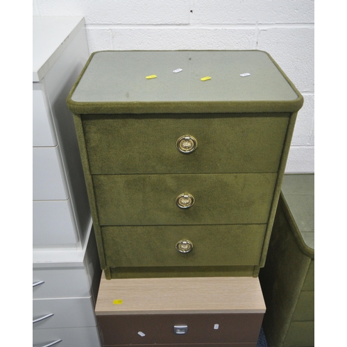 195 - A SELECTION OF BEDROOM FURNITURE, to include a pair of green upholstered three drawer bedside chests... 