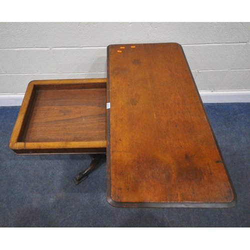 213 - AN EDWARDIAN OAK FOLD OVER CARD / GAMES TABLE, the swivel top opens to reveal a green baize playing ... 