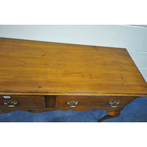 218 - A REPRODUCTION GEORGIAN STYLE DRESSER BASE, fitted with three frieze drawers, raised on front cabrio... 