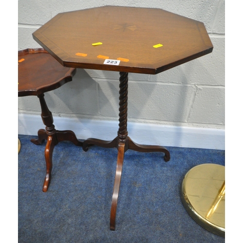 223 - AN EARLY 20TH CENTURY MAHOGANY TRIPOD TABLE, with an octagonal top, raised on a spiral support, with... 