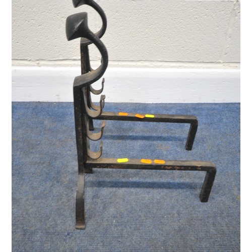 225 - A PAIR OF WROUGHT IRON SWAN NECK ANDIRONS, with three hooks for a companion set, height 50cm, condit... 