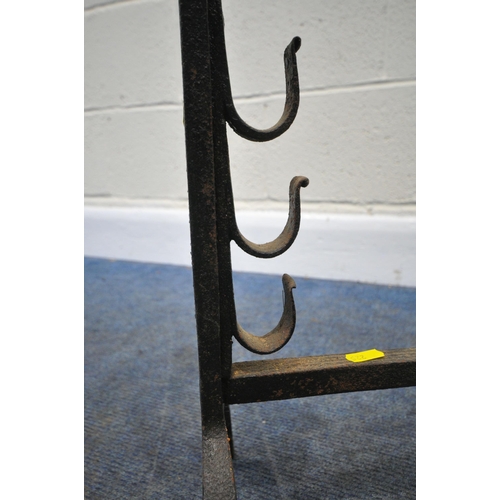 225 - A PAIR OF WROUGHT IRON SWAN NECK ANDIRONS, with three hooks for a companion set, height 50cm, condit... 