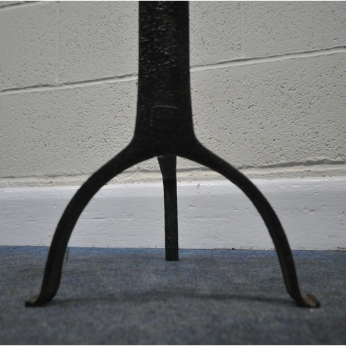 225 - A PAIR OF WROUGHT IRON SWAN NECK ANDIRONS, with three hooks for a companion set, height 50cm, condit... 