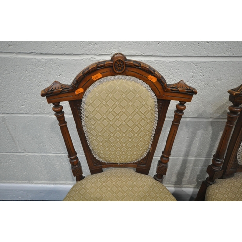 230 - A PAIR OF CHAIRS, with gold patterned upholstery, raised on tapered and fluted front legs, along wit... 