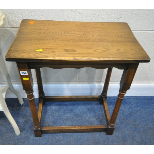 236 - A 20TH CENTURY OAK OCCASIONAL TABLE, width 62cm x depth 38cm x height 70cm, another occasional table... 