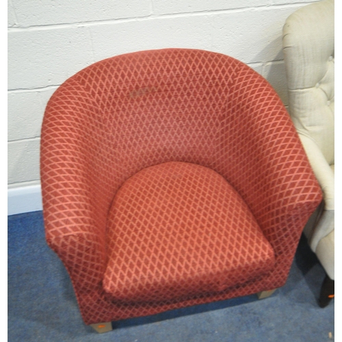 237 - A WICKER CONSERVATORY ARMCHAIR, width 72cm x depth 87cm x height 80cm, a red tub chair, along with a... 