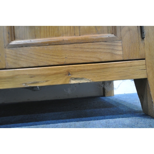 238 - A MODERN SOLID OAK SIDEBOARD, fitted with four drawers, over double cupboard doors, width 100cm x de... 