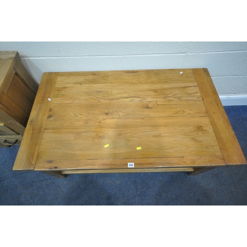 243 - A MODERN SOLID OAK RECTANGULAR COFFEE TABLE, width 121cm x depth 71cm x height 50cm, along with a th... 