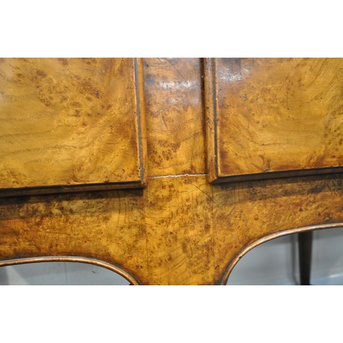 244 - A QUEEN ANNE STYLE BURR ELM DRESSER BASE, fitted with three drawers, raised on front cabriole legs, ... 