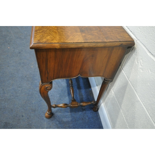 244 - A QUEEN ANNE STYLE BURR ELM DRESSER BASE, fitted with three drawers, raised on front cabriole legs, ... 