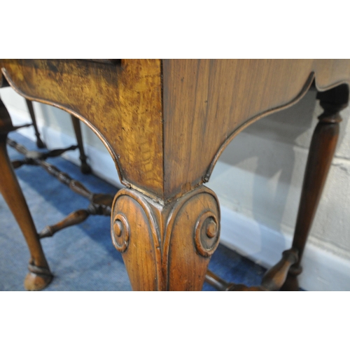 244 - A QUEEN ANNE STYLE BURR ELM DRESSER BASE, fitted with three drawers, raised on front cabriole legs, ... 