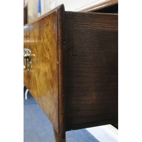 244 - A QUEEN ANNE STYLE BURR ELM DRESSER BASE, fitted with three drawers, raised on front cabriole legs, ... 