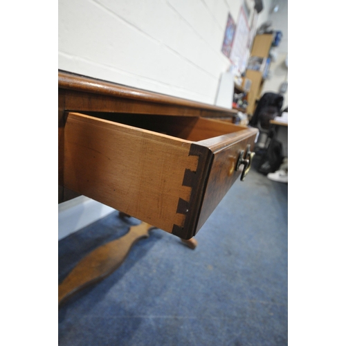 249 - A 20TH CENTURY WALNUT SOFA TABLE, with two frieze drawers, raised on shaped legs, open width 148cm x... 