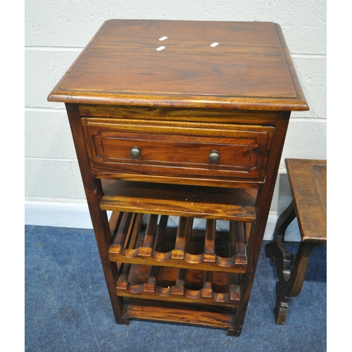 269 - AN ANCIENT MARINER HARDWOOD WINE RACK, with a single drawer, width 50cm x depth 45cm x height 97cm, ... 