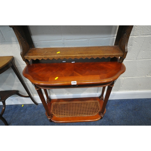 270 - THREE VARIOUS OCCASIONAL TABLES, largest width 77cm x depth 37cm x height 72cm, along with two wall ... 