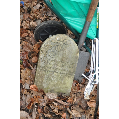 10 - A MODERN LEAF BARROW WITH TOOLS INSIDE, including a tree popper, kneeler, a wheel with tyre, etc