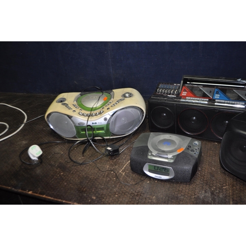 58 - FOUR ITEMS OF AUDIO EQUIPMENT including Philips clock radio and portable Hi Fi, a Goodman's portable... 