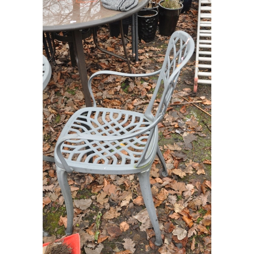 6 - A MODERN CAST ALUMINIUM GARDEN TABLE WITH A PAIR OF MATCHING CHAIRS, table diameter 75cm