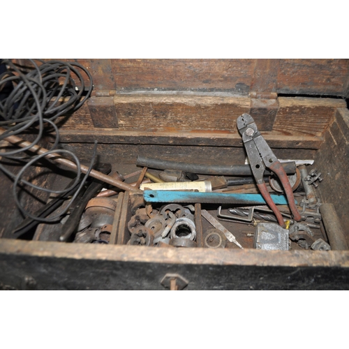 69 - A VINTAGE WOODEN TOOLBOX AND A MODERN PLYWOOD TOOLCHEST CONTAINING TOOLS, including a valve spring c... 